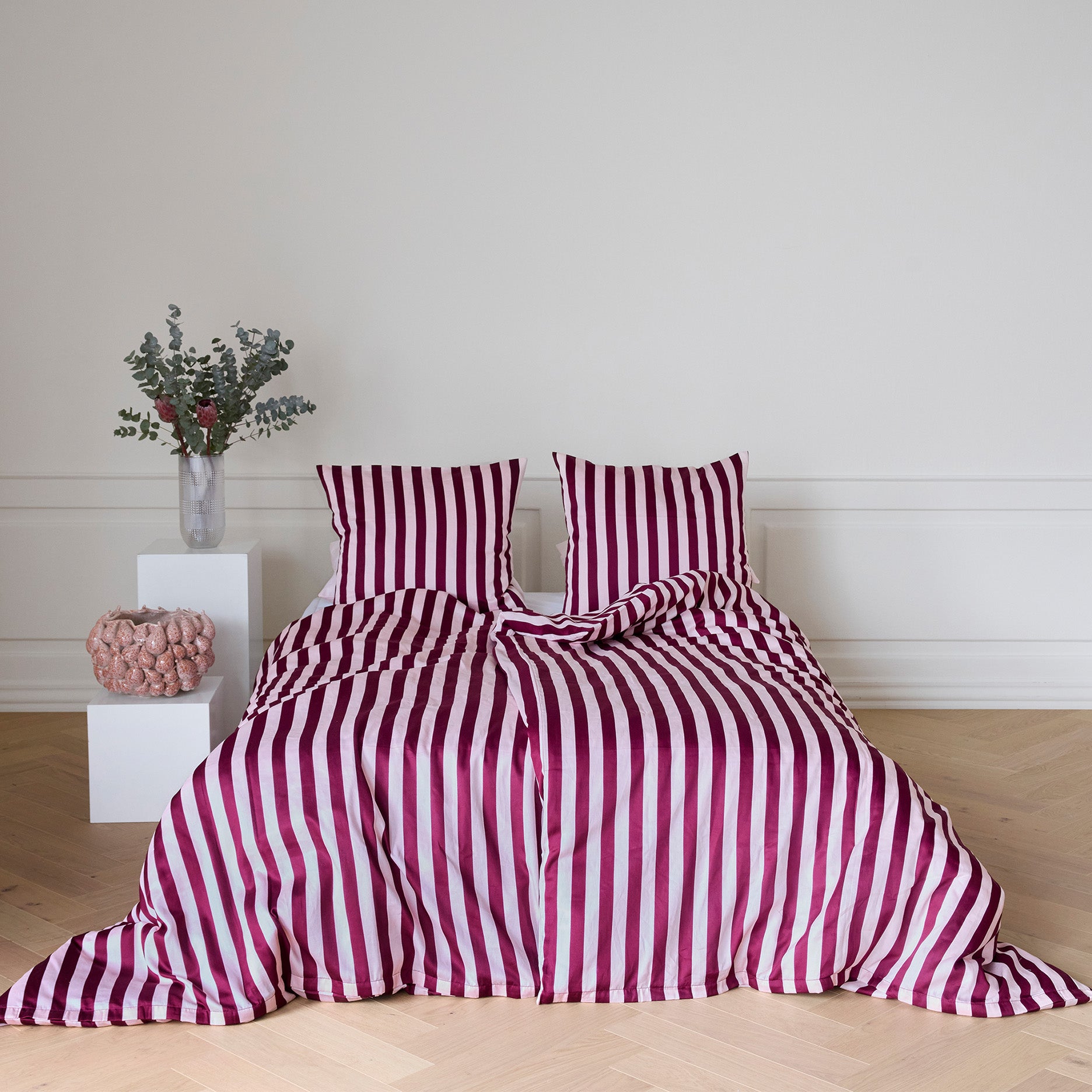Blok strib sengetøj 140x220 cm Royal/rose